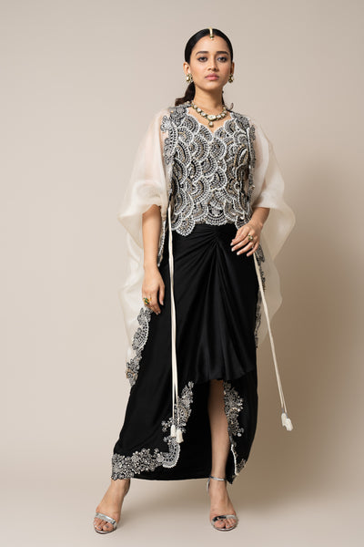 Nupur Kanoi Waist Coat Set Off White And Black indian designer wear online shopping melange singapore