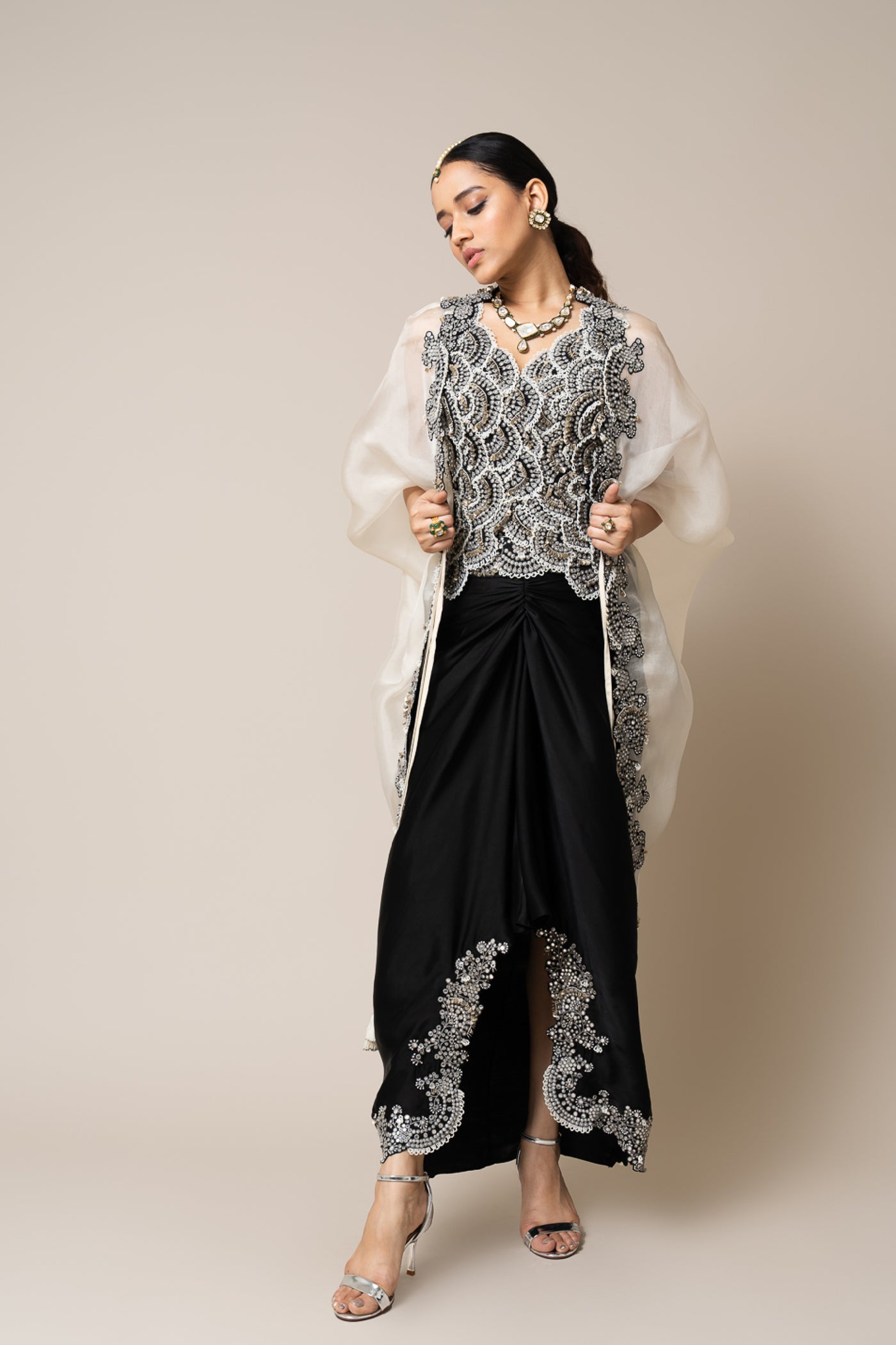 Nupur Kanoi Waist Coat Set Off White And Black indian designer wear online shopping melange singapore