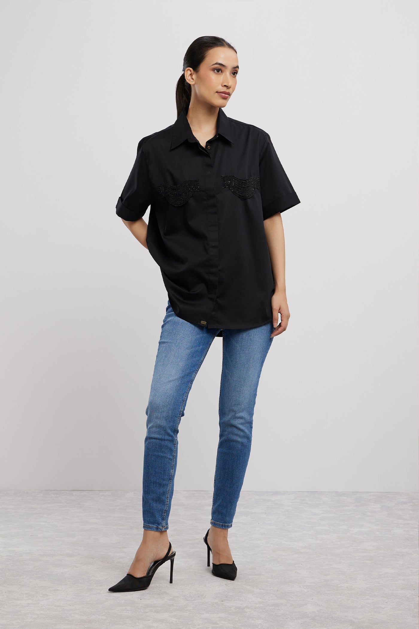 Pallavi Swadi 2 Pocket Black Fringe Shirt indian designer wear online shopping melange singapore