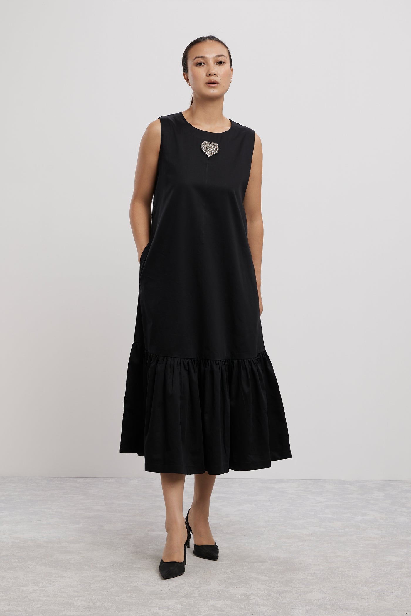 Pallavi Swadi Black Big Swarovski Heart Frill Dress Long indian designer wear online shopping melange singapore
