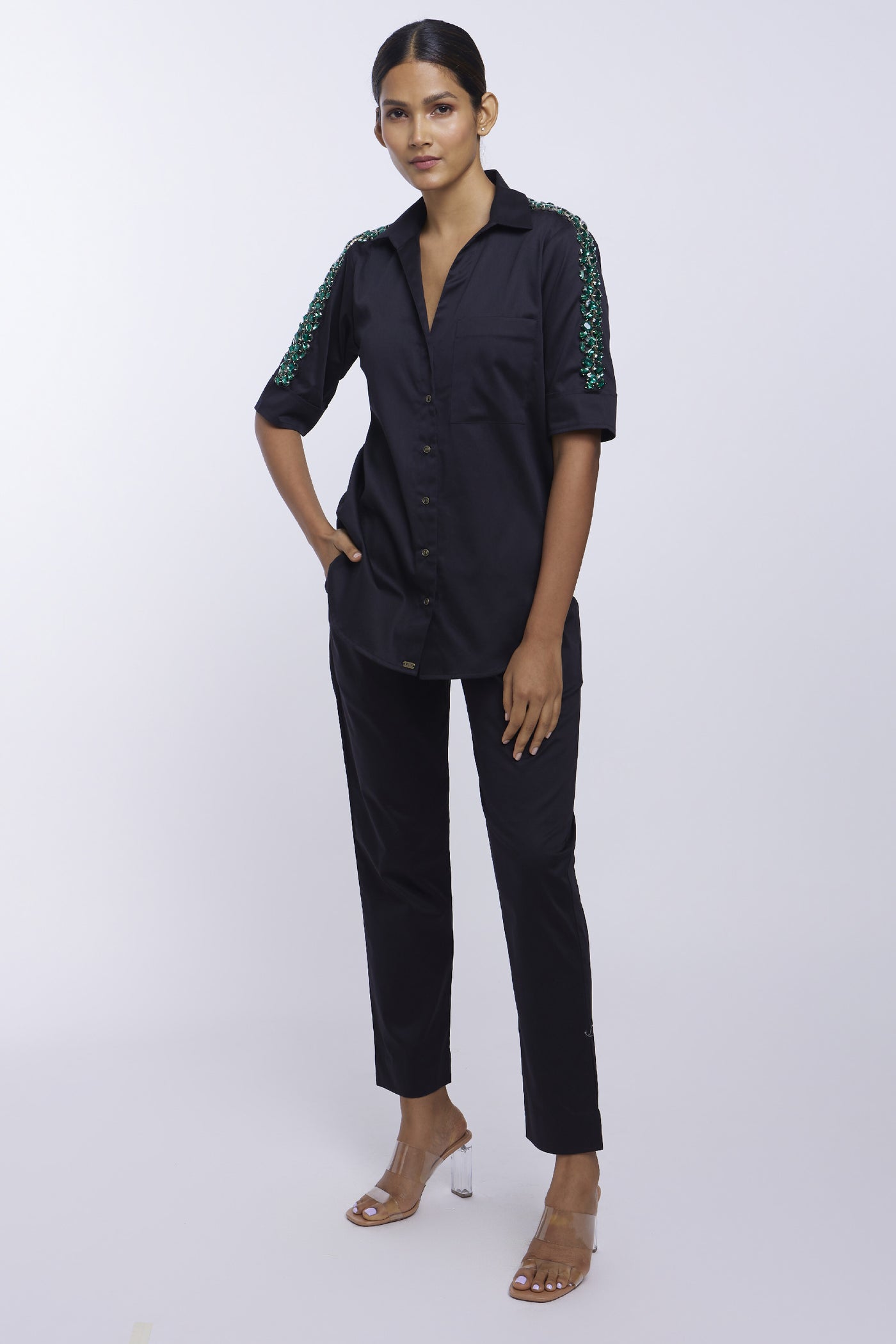 Pallavi Swadi Black Emerald Swarovski Ribbon Shirt indian designer online shopping melange singapore