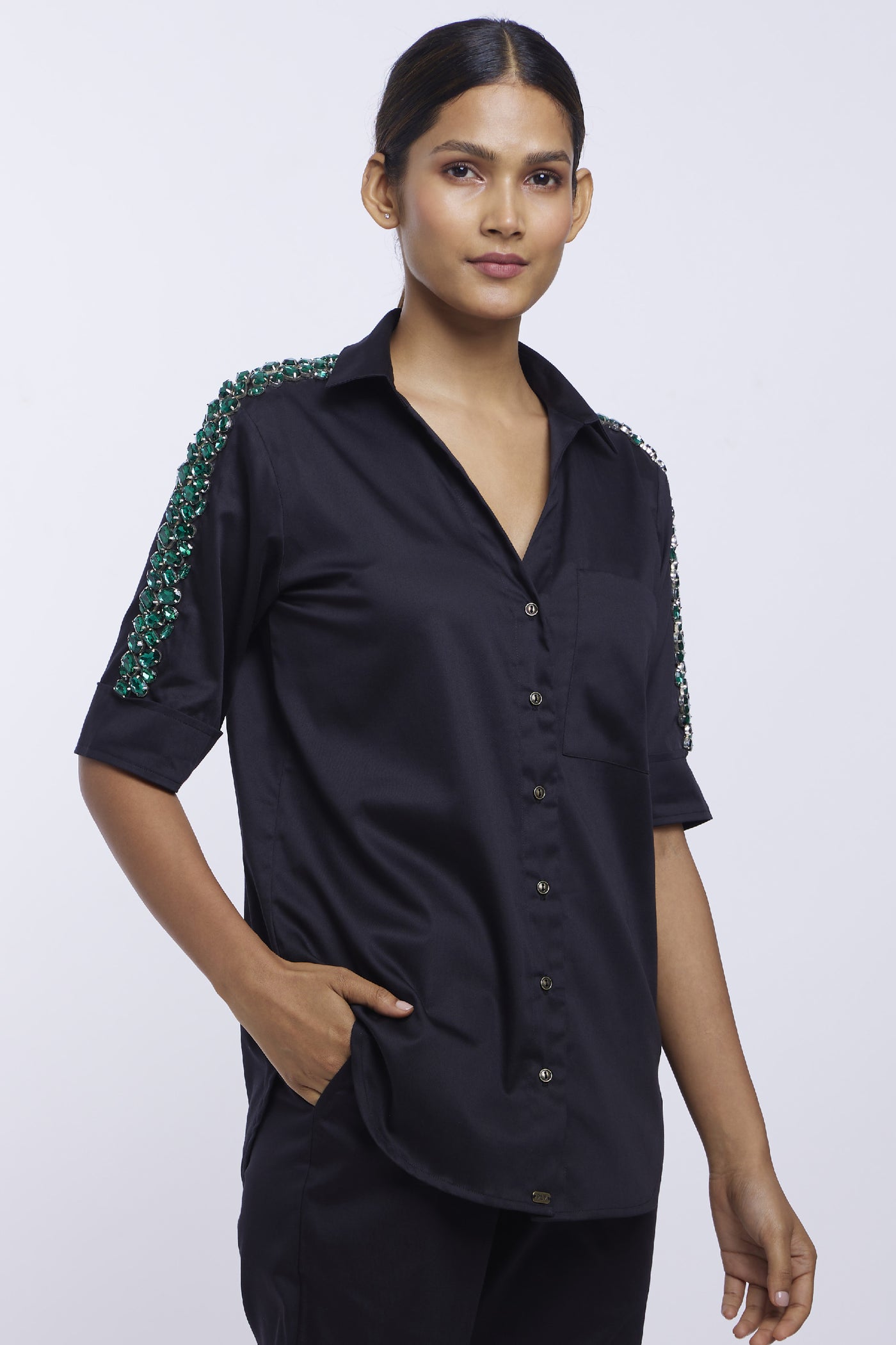 Pallavi Swadi Black Emerald Swarovski Ribbon Shirt indian designer online shopping melange singapore