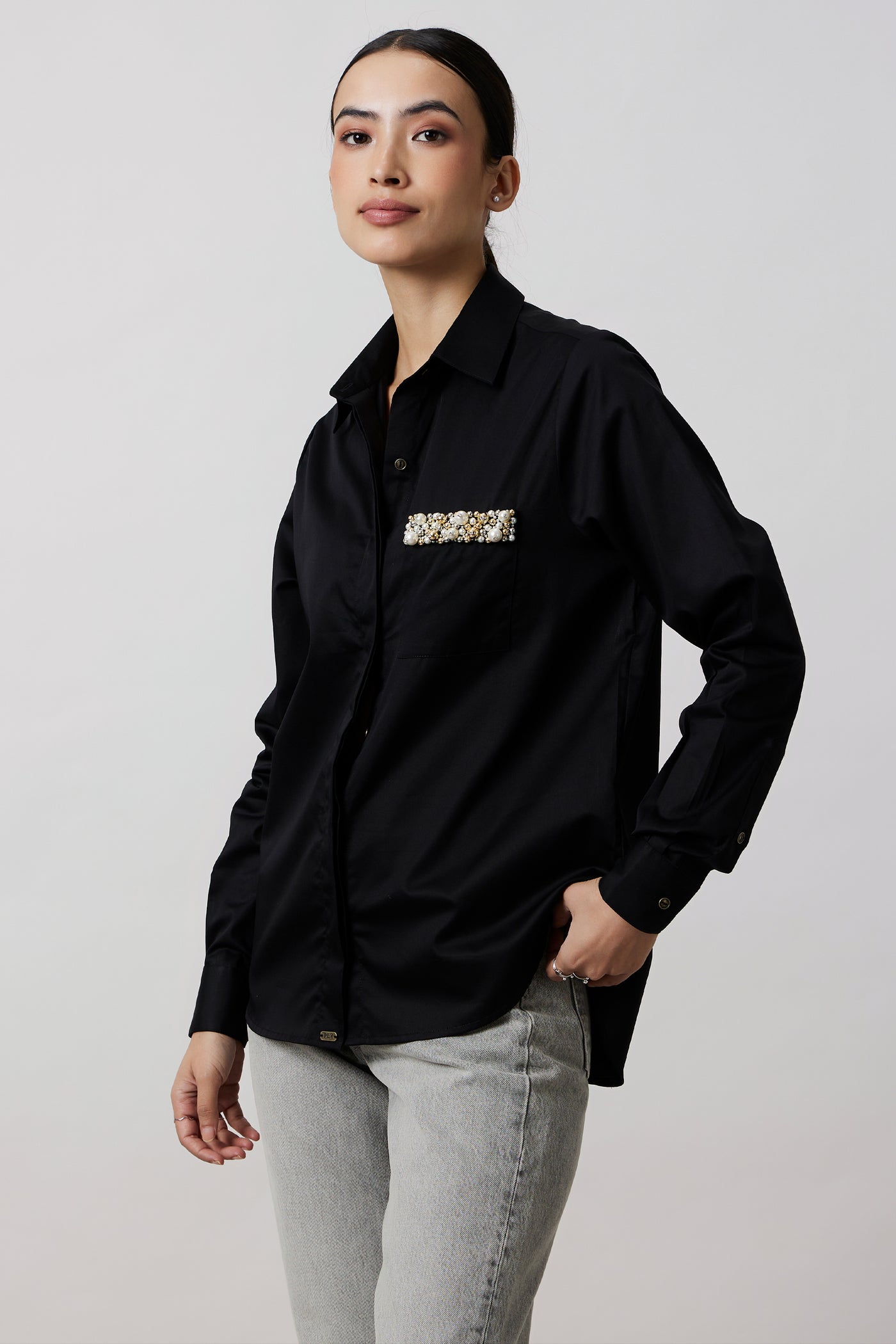 Pallavi Swadi Black Pearl Strip Pocket Shirt indian designer wear online shopping melange singapore