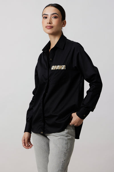 Pallavi Swadi Black Pearl Strip Pocket Shirt indian designer wear online shopping melange singapore