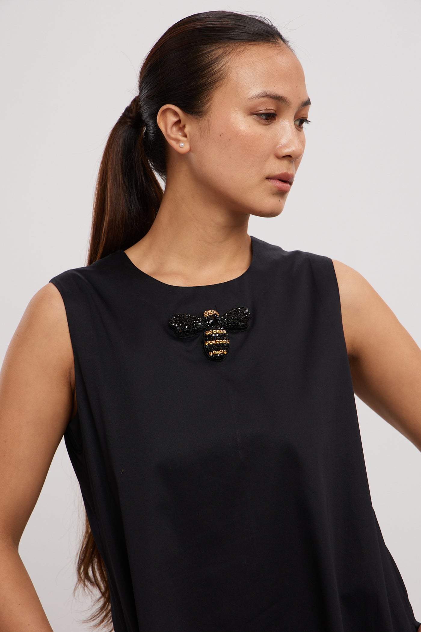 Pallavi Swadi Black Shortbfrill Dress With Beetle Brooch indian designer wear online shopping melange singapore