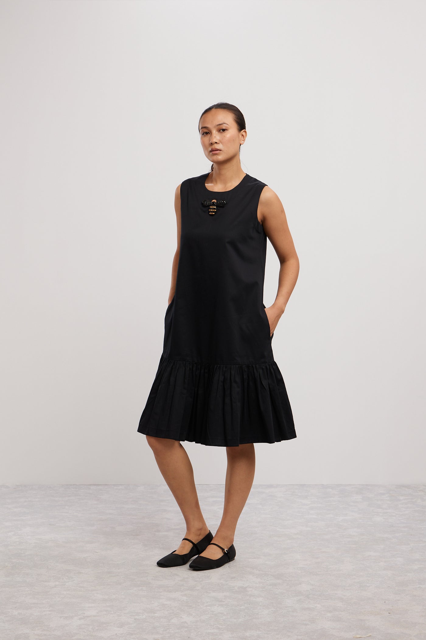 Pallavi Swadi Black Shortbfrill Dress With Beetle Brooch indian designer wear online shopping melange singapore