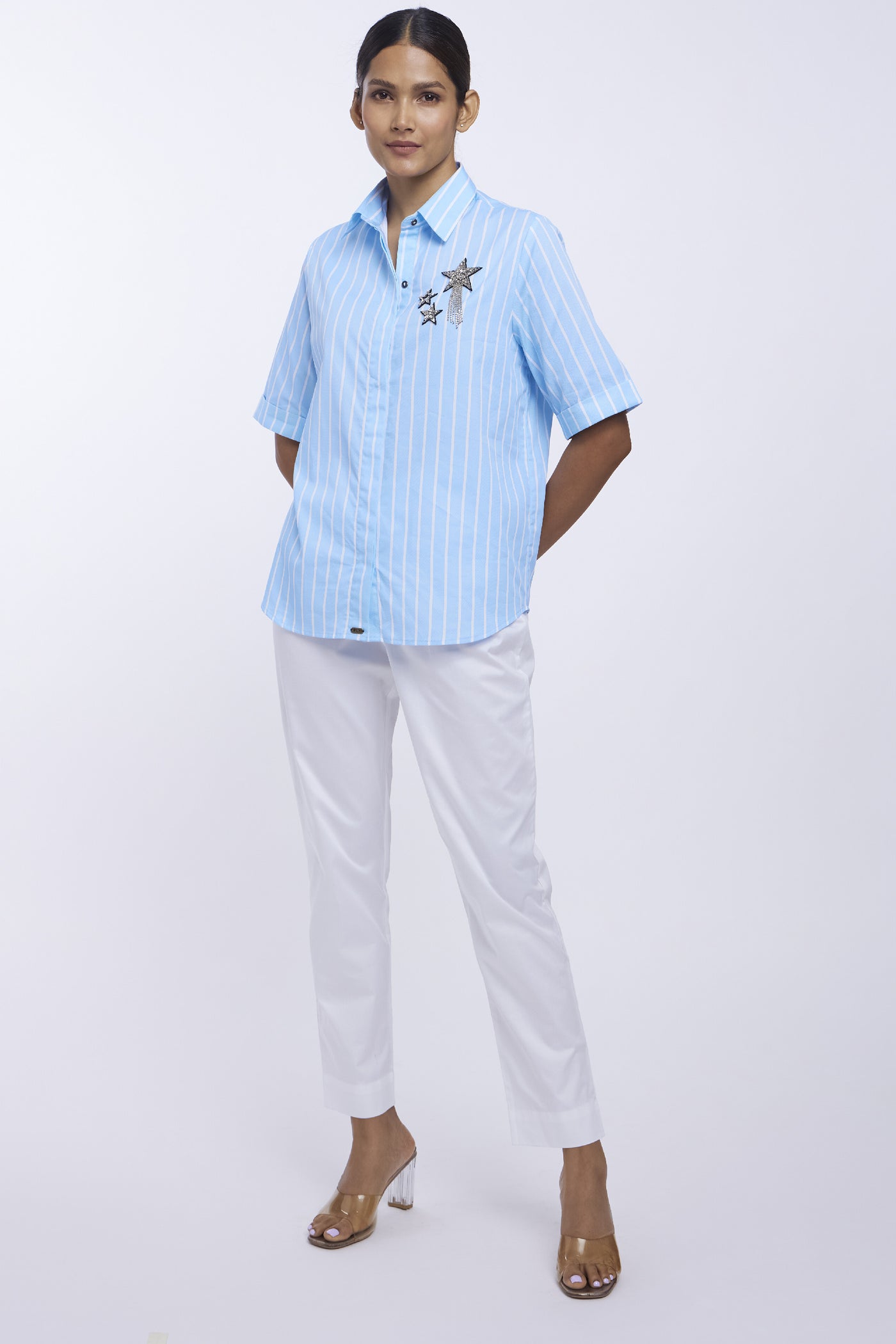 Pallavi Swadi Blue Stripe Star Fringe Shirt indian designer online shopping melange singapore