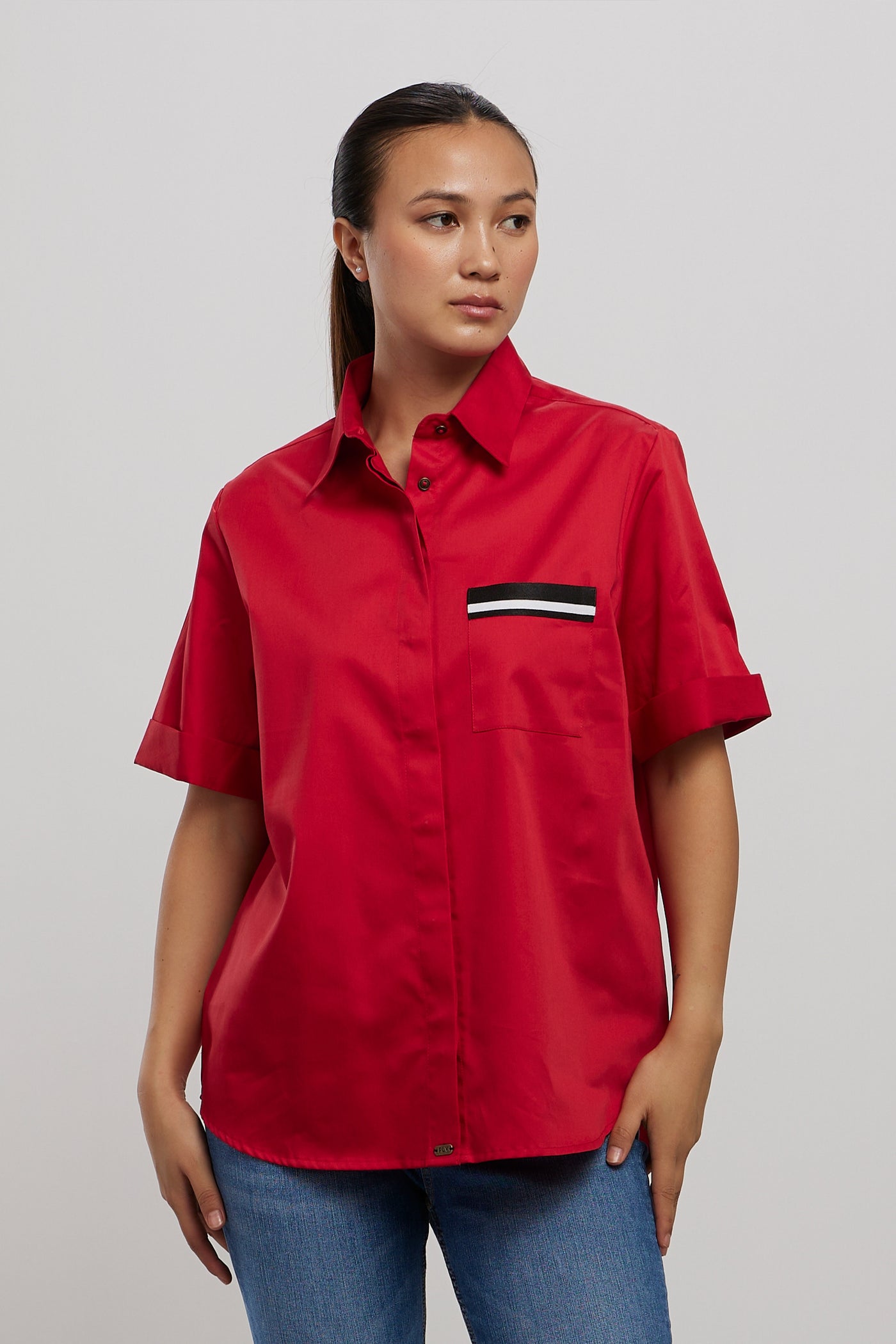 Pallavi Swadi Classic Red Shirt With Black Pocket Ribbon indian designer wear online shopping melange singapore