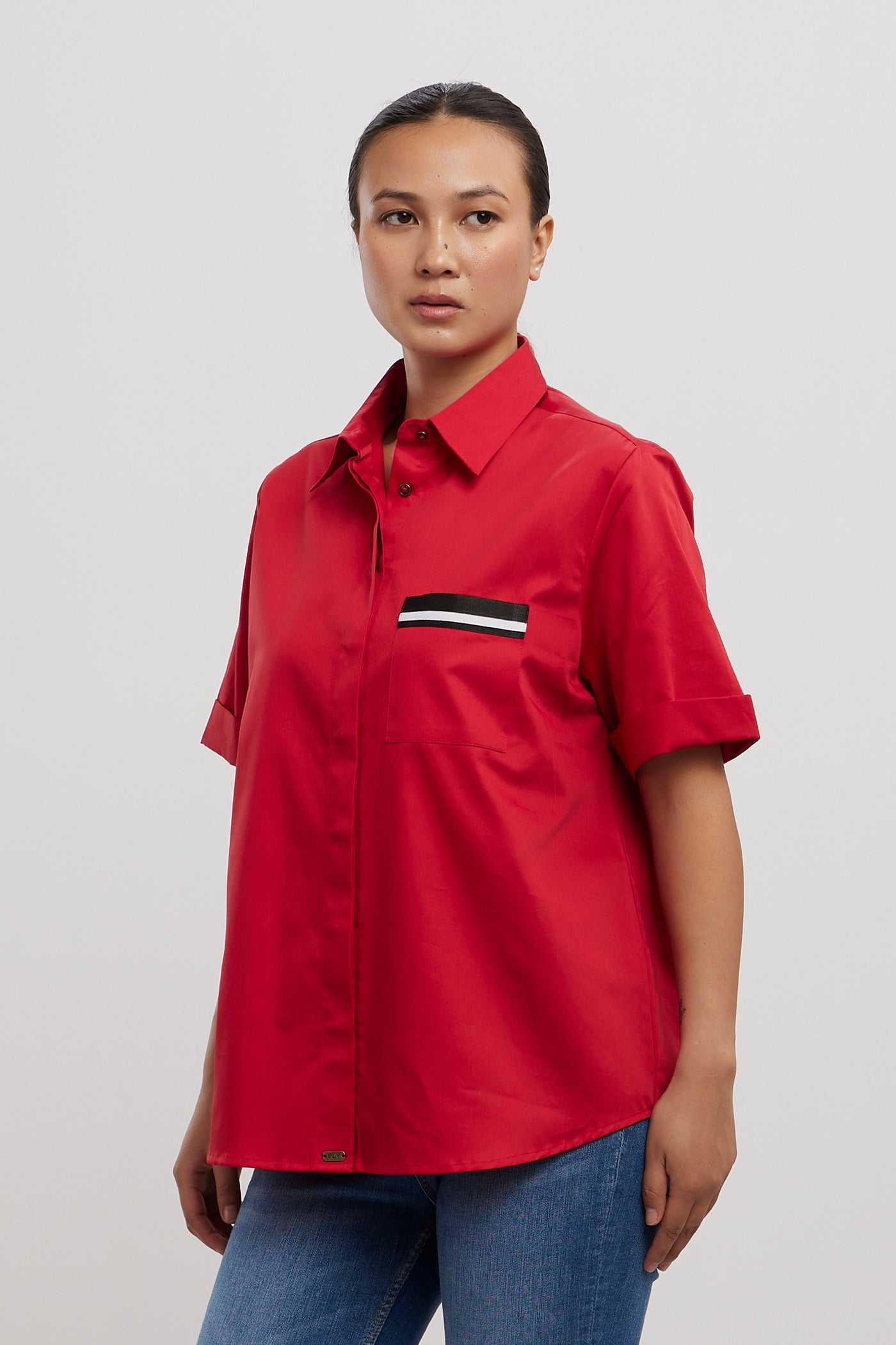 Pallavi Swadi Classic Red Shirt With Black Pocket Ribbon indian designer wear online shopping melange singapore