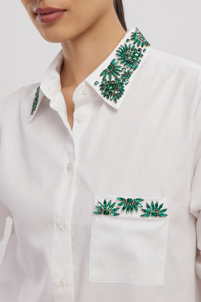 Pallavi Swadi Emerald Floral White Shirt indian designer wear online shopping melange singapore