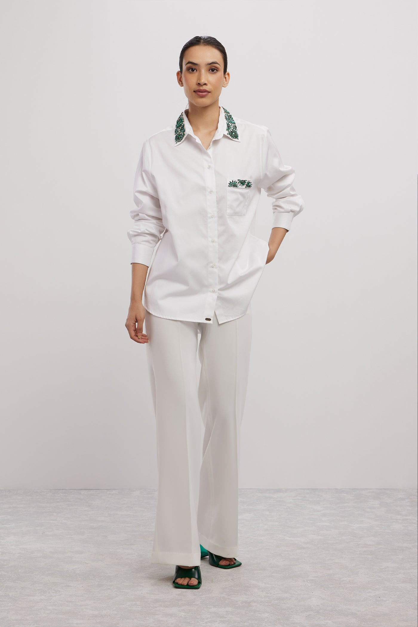 Pallavi Swadi Emerald Floral White Shirt indian designer wear online shopping melange singapore