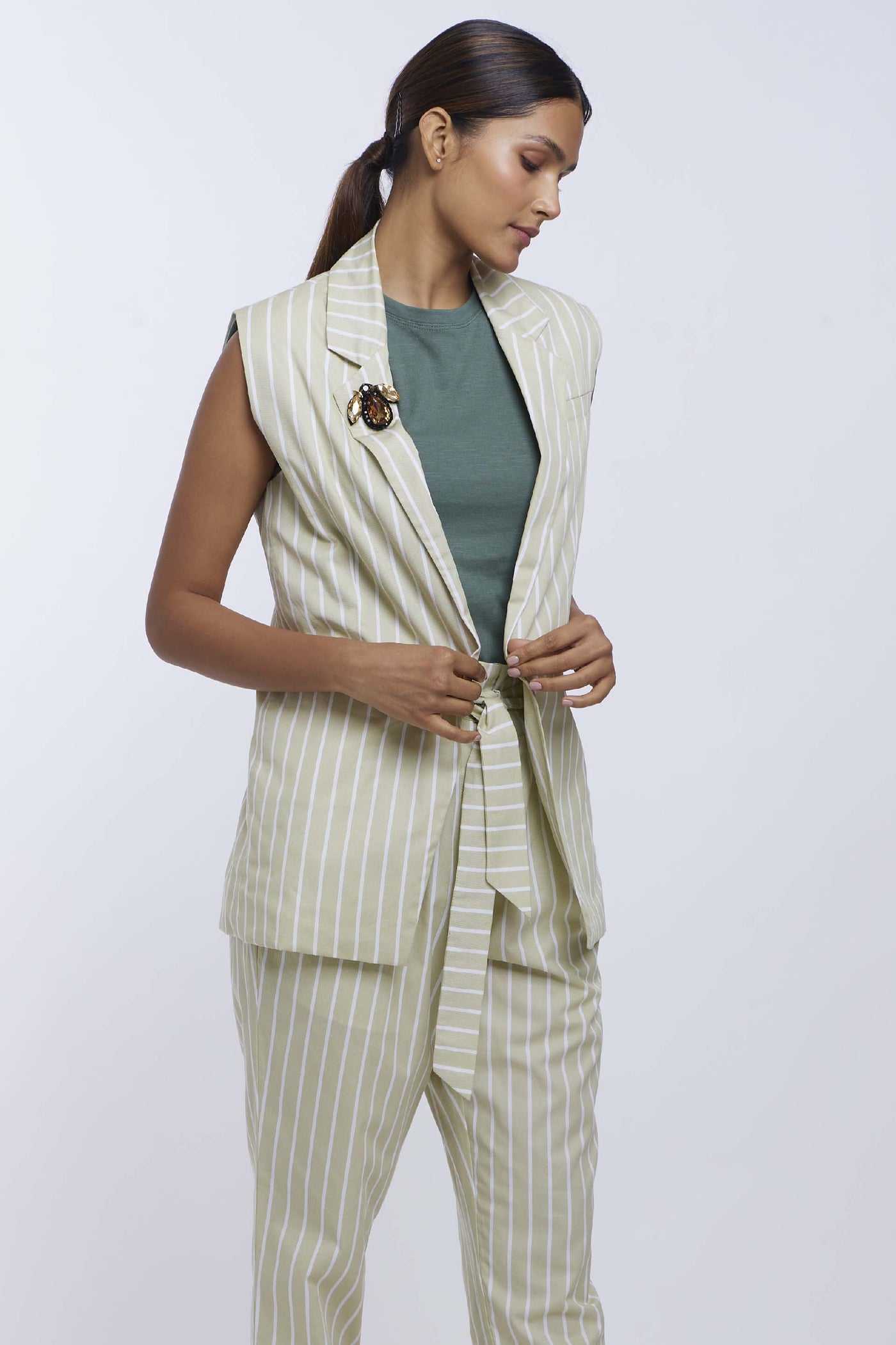 Pallavi Swadi Green Stripe Blazer Set With Swarovski Beetle indian designer online shopping melange singapore