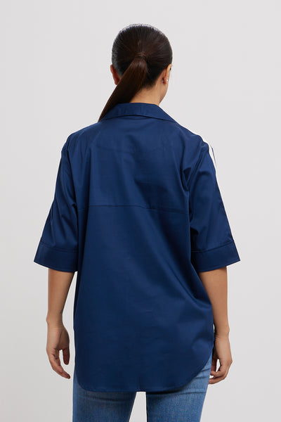 Pallavi Swadi Midnight Blue White Ribbon Shirt indian designer wear online shopping melange singapore