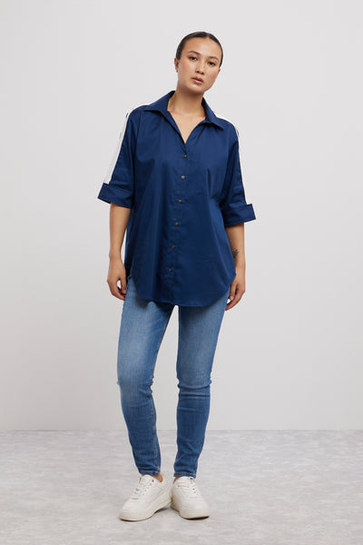 Pallavi Swadi Midnight Blue White Ribbon Shirt indian designer wear online shopping melange singapore
