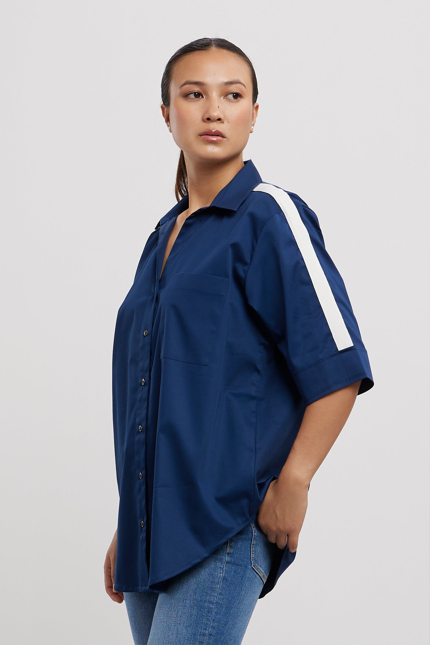 Pallavi Swadi Midnight Blue White Ribbon Shirt indian designer wear online shopping melange singapore