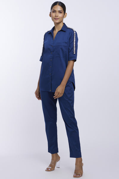 Pallavi Swadi Mid Night Blue Rectangle Swarovski Ribbon Shirt indian designer online shopping melange singapore