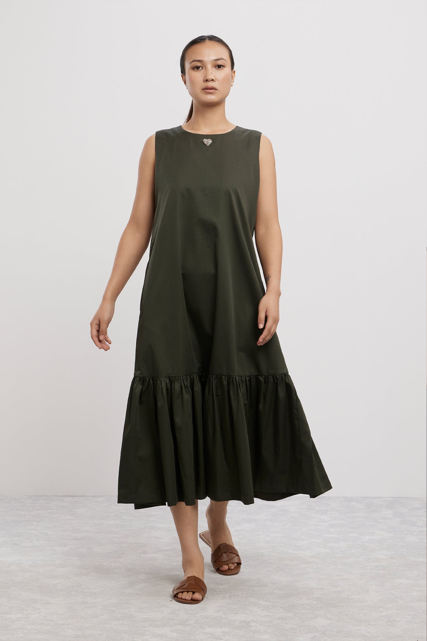 Pallavi Swadi Olive Frill Long Dress With Small Swarovski Heart indian designer wear online shopping melange singapore