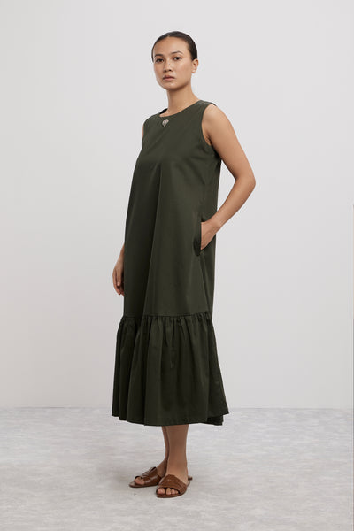Pallavi Swadi Olive Frill Long Dress With Small Swarovski Heart indian designer wear online shopping melange singapore