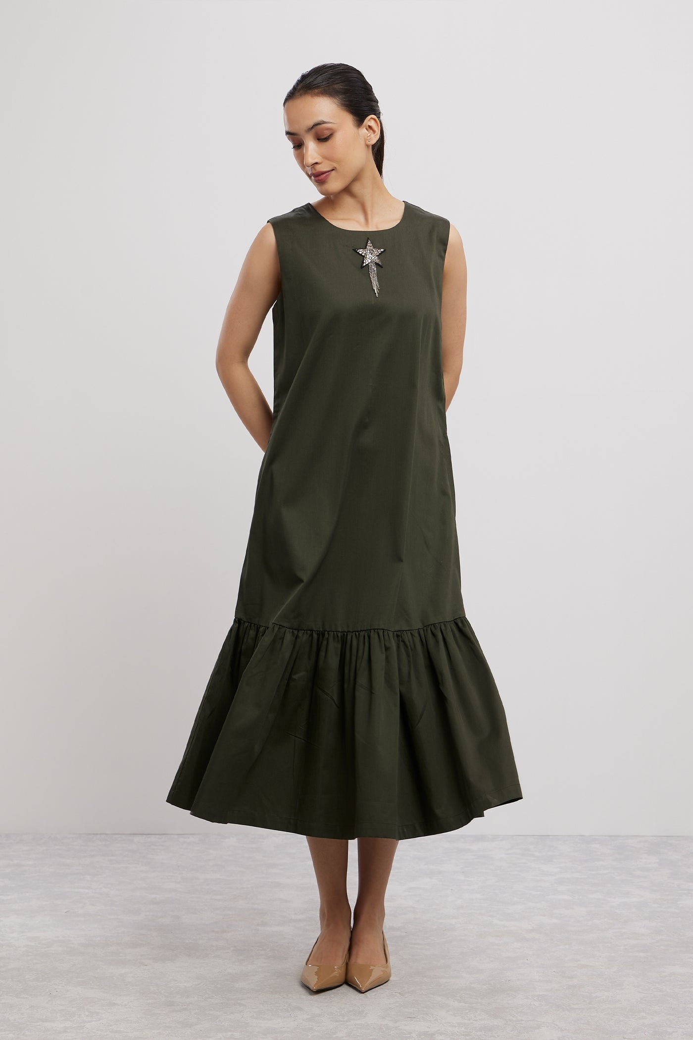 Pallavi Swadi Olive Star Fringe Frill Dress indian designer wear online shopping melange singapore