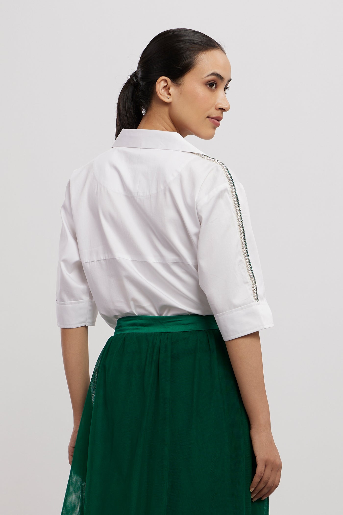 Oversized Emerald Swarovski Ribbon Pocket Shirt With Emerald Tulle Skirt