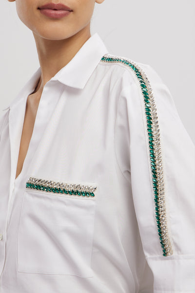 Pallavi Swadi Oversized Emerald Swarovski Ribbon Pocket Shirt With Emerald Tulle Skirt indian designer wear online shopping melange singapore
