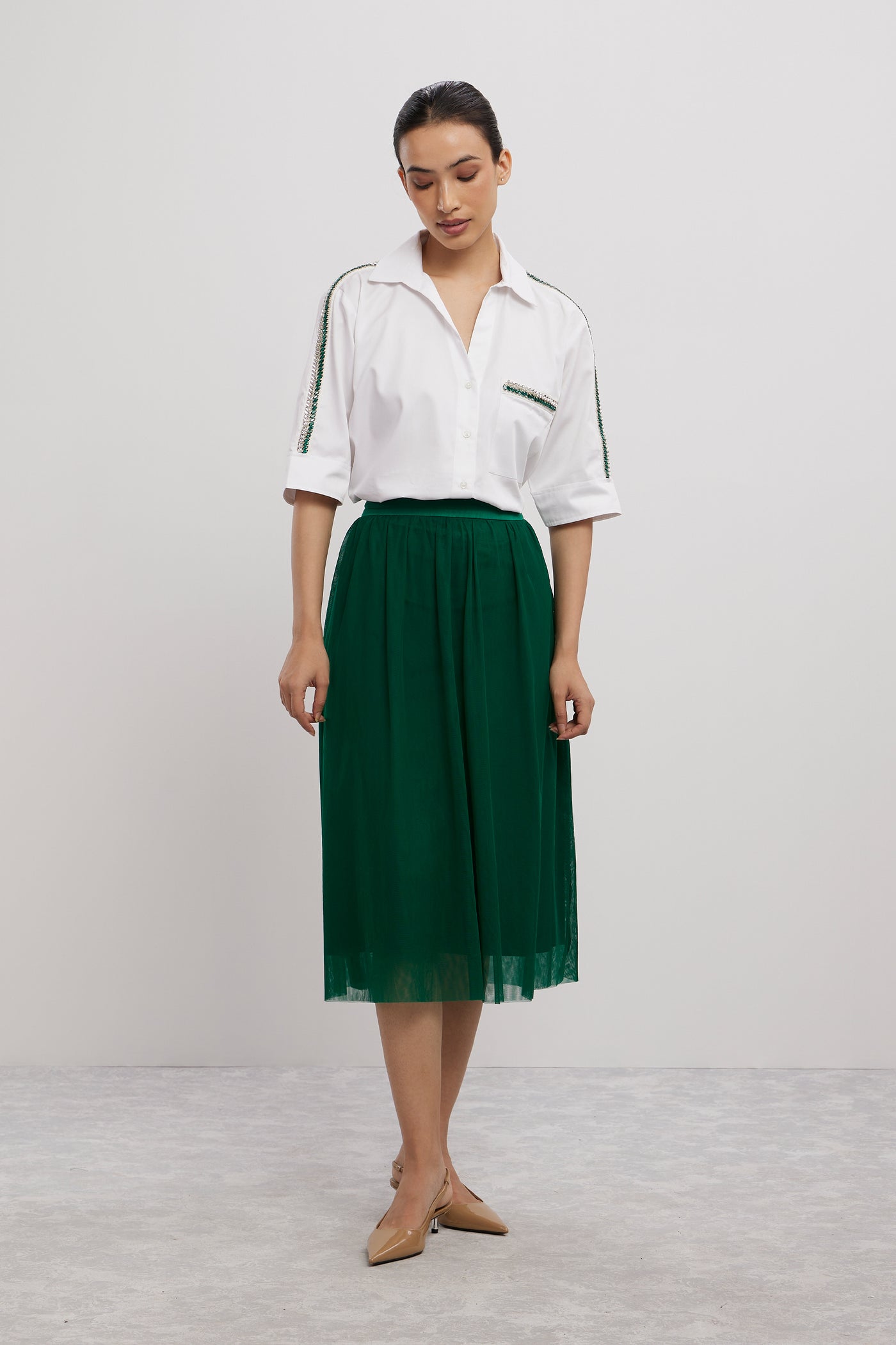 Pallavi Swadi Oversized Emerald Swarovski Ribbon Pocket Shirt With Emerald Tulle Skirt indian designer wear online shopping melange singapore
