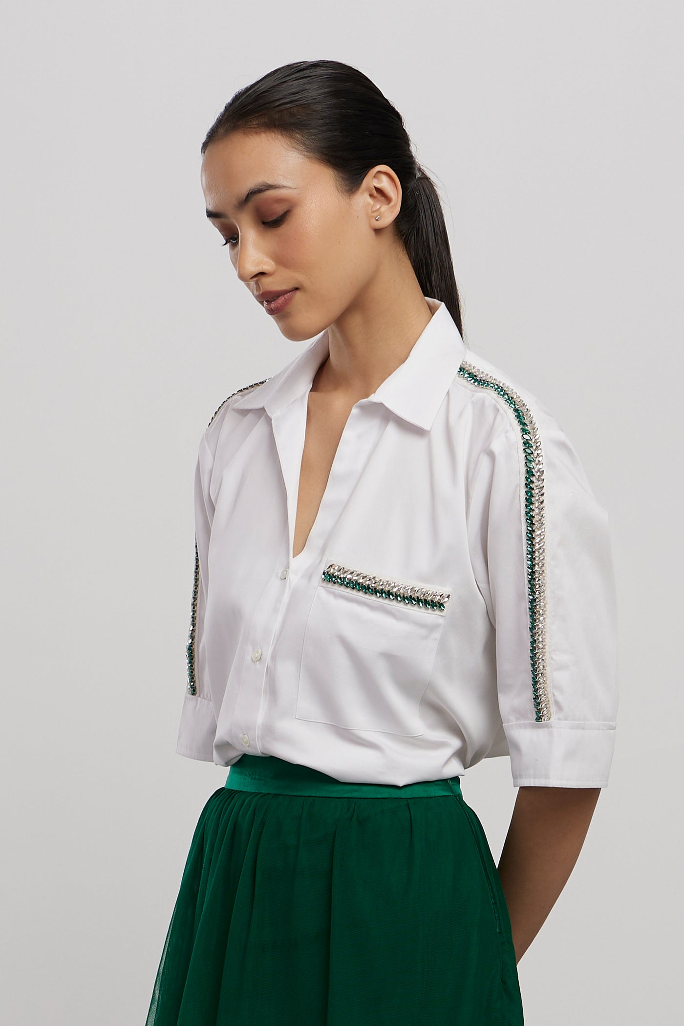Pallavi Swadi Oversized Emerald Swarovski Ribbon Pocket Shirt With Emerald Tulle Skirt indian designer wear online shopping melange singapore
