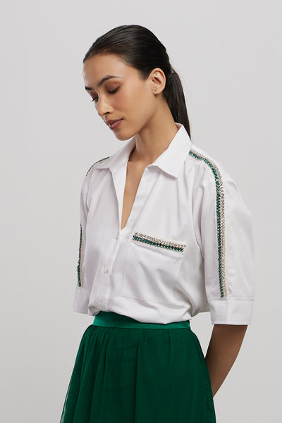 Pallavi Swadi Oversized Emerald Swarovski Ribbon Pocket Shirt With Emerald Tulle Skirt indian designer wear online shopping melange singapore
