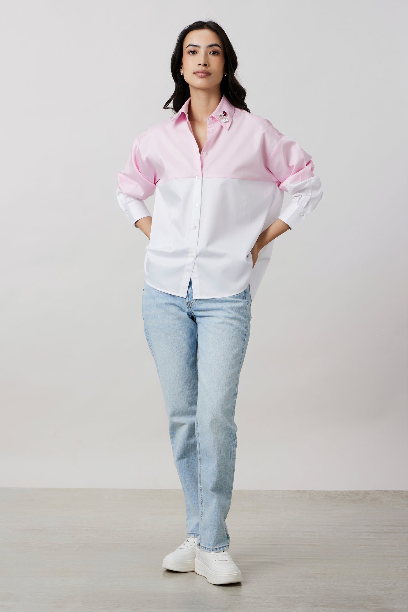 Pallavi Swadi Pastel Pink Block Shirt with Swarovski Collar indian designer wear online shopping melange singapore