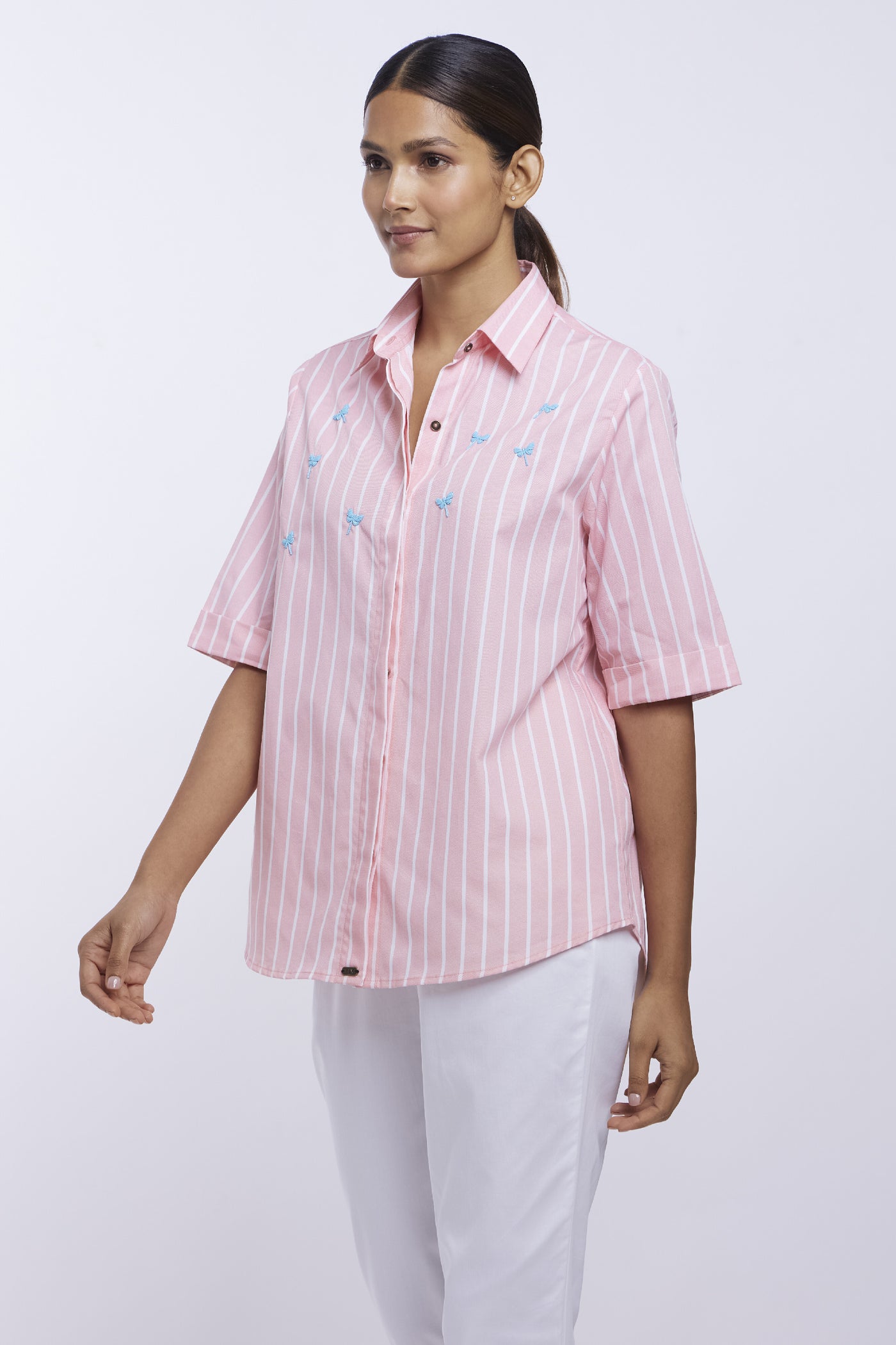 Pallavi Swadi Peach Stripe Dragonfly Shirt indian designer online shopping melange singapore