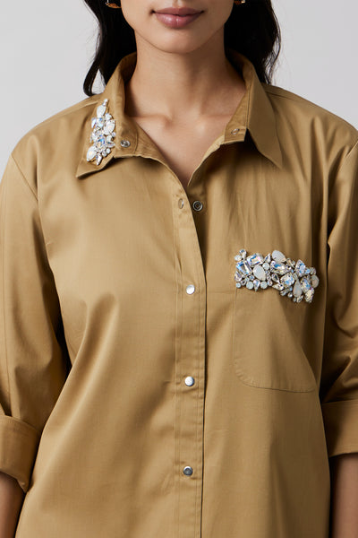 Pallavi Swadi Sand Collar Pocket Swarovski Shirt Dress indian designer wear online shopping melange singapore