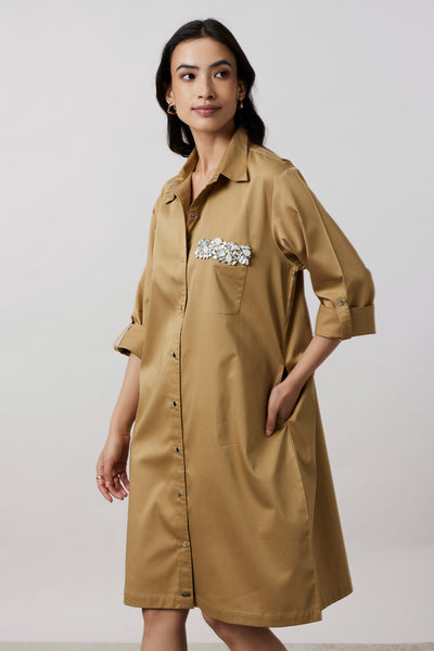 Pallavi Swadi Sand Collar Pocket Swarovski Shirt Dress indian designer wear online shopping melange singapore