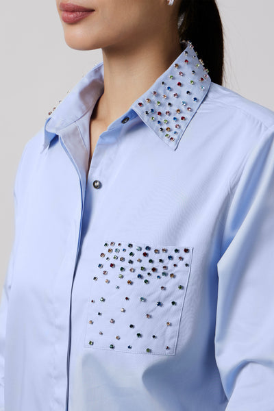 Pallavi Swadi Sky Blue Multicolour Swarovski Studs Full Sleeve Shirt indian designer wear online shopping melange singapore