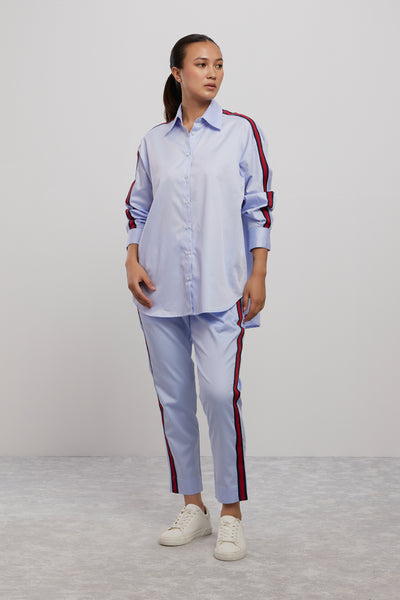 Pallavi Swadi Sky Blue Red Ribbon Co-ord Pant Set indian designer wear online shopping melange singapore
