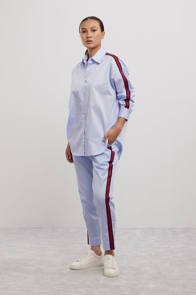 Pallavi Swadi Sky Blue Red Ribbon Co-ord Pant Set indian designer wear online shopping melange singapore