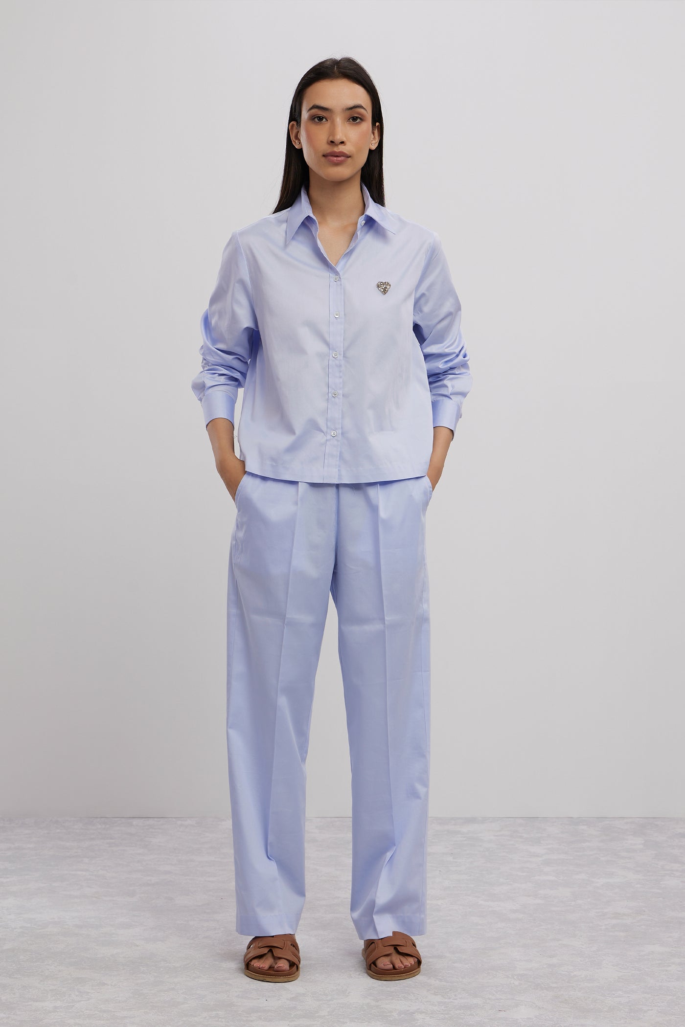 Pallavi Swadi Sky Blue Swarovski Heart Crop Shirt With Loose Pants indian designer wear online shopping melange singapore
