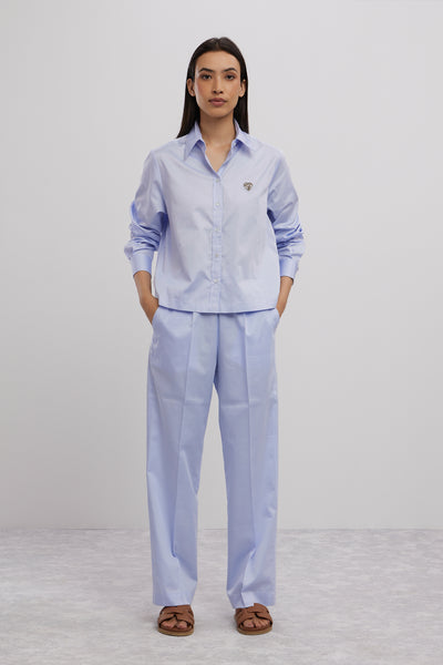 Pallavi Swadi Sky Blue Swarovski Heart Crop Shirt With Loose Pants indian designer wear online shopping melange singapore
