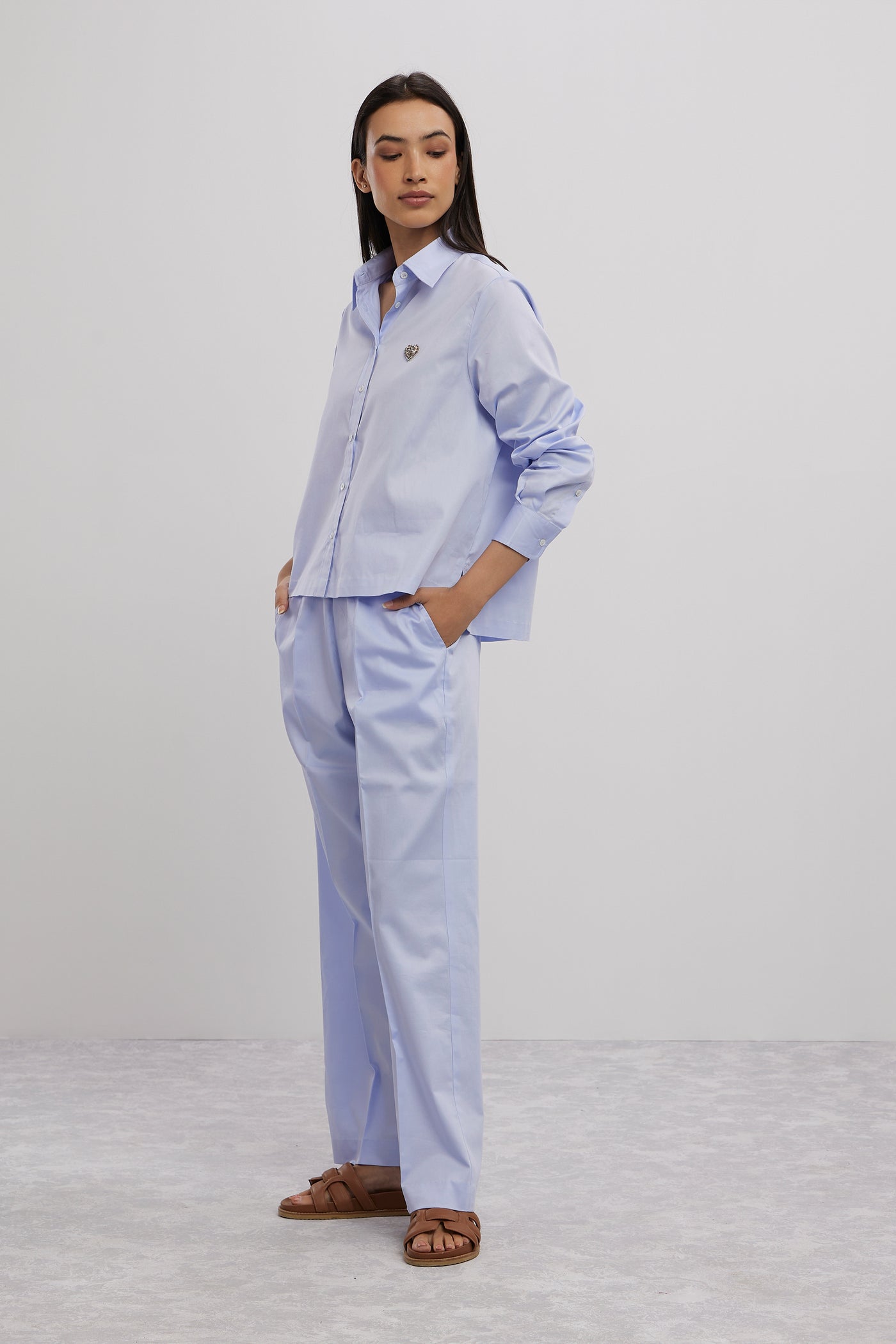 Pallavi Swadi Sky Blue Swarovski Heart Crop Shirt With Loose Pants indian designer wear online shopping melange singapore
