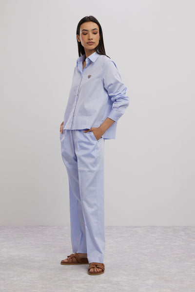 Pallavi Swadi Sky Blue Swarovski Heart Crop Shirt With Loose Pants indian designer wear online shopping melange singapore
