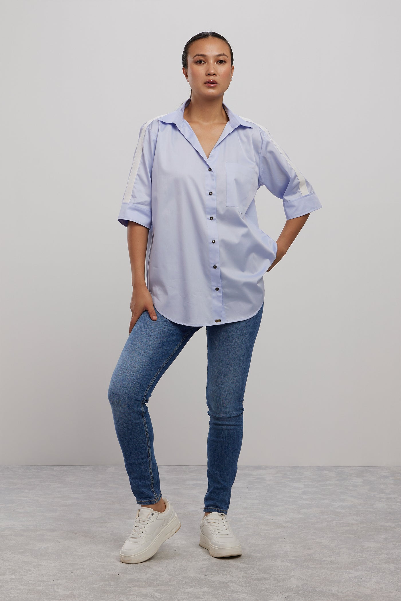 Pallavi Swadi Sky Blue White Ribbon Shirt indian designer wear online shopping melange singapore
