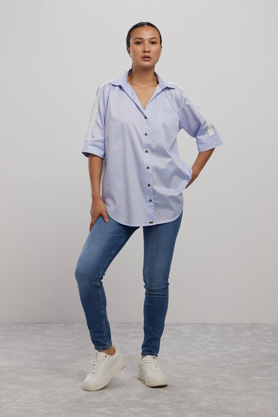 Pallavi Swadi Sky Blue White Ribbon Shirt indian designer wear online shopping melange singapore
