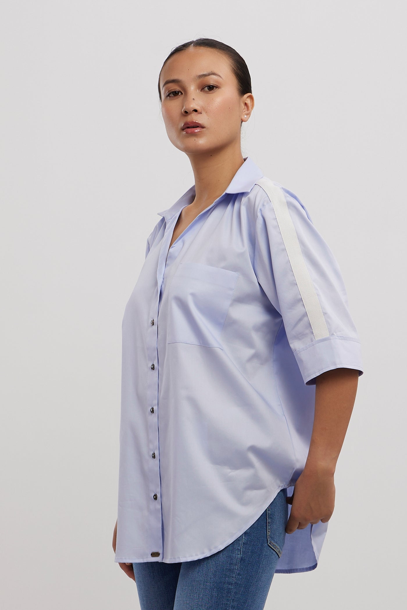 Pallavi Swadi Sky Blue White Ribbon Shirt indian designer wear online shopping melange singapore
