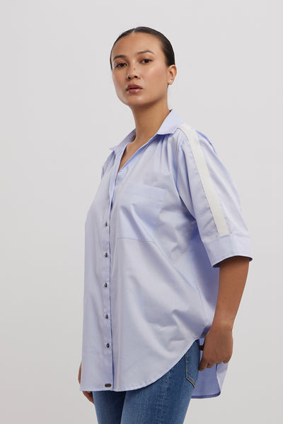 Pallavi Swadi Sky Blue White Ribbon Shirt indian designer wear online shopping melange singapore
