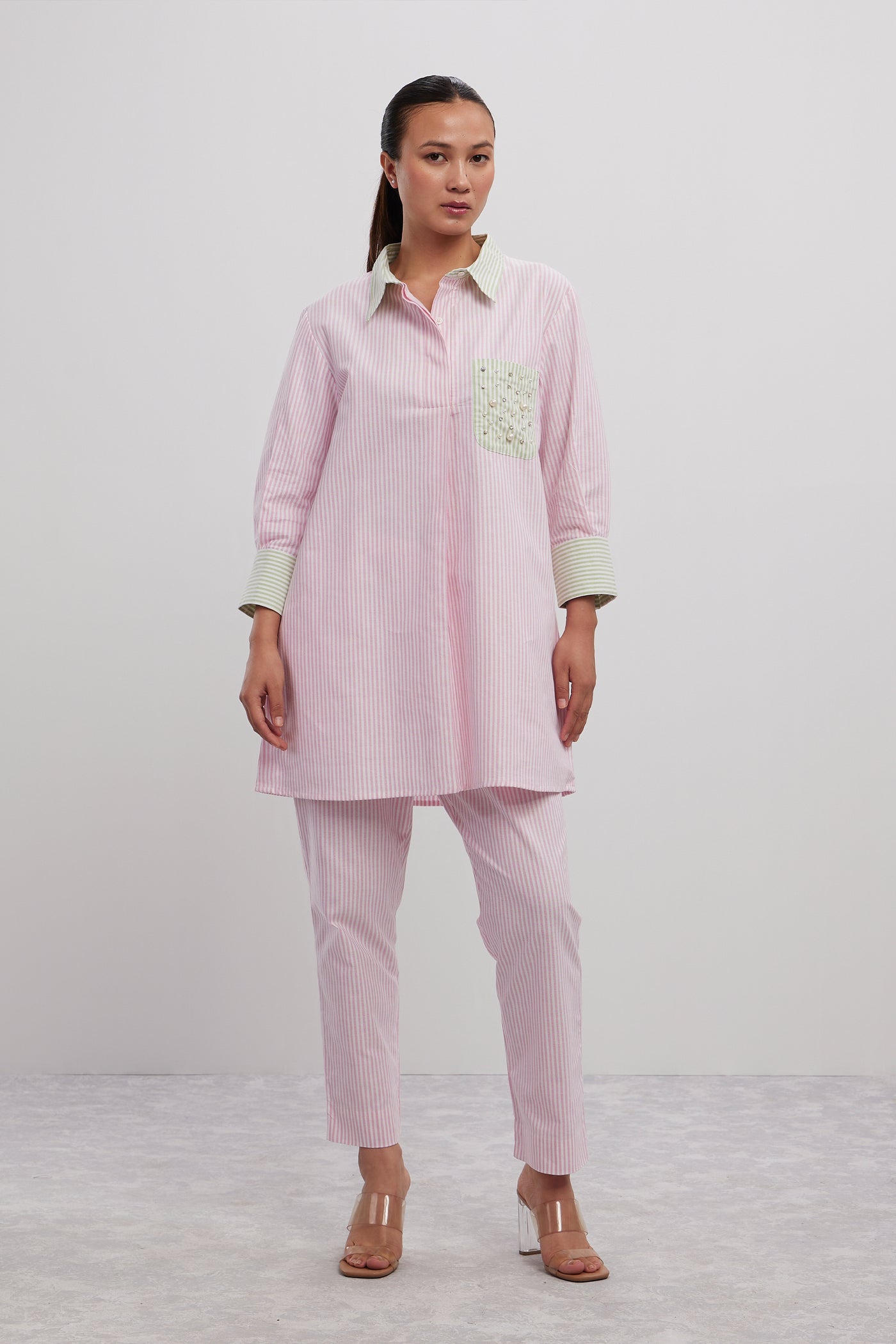 Pallavi Swadi Stripe Pearl Swarovski Pocket Shirt indian designer wear online shopping melange singapore