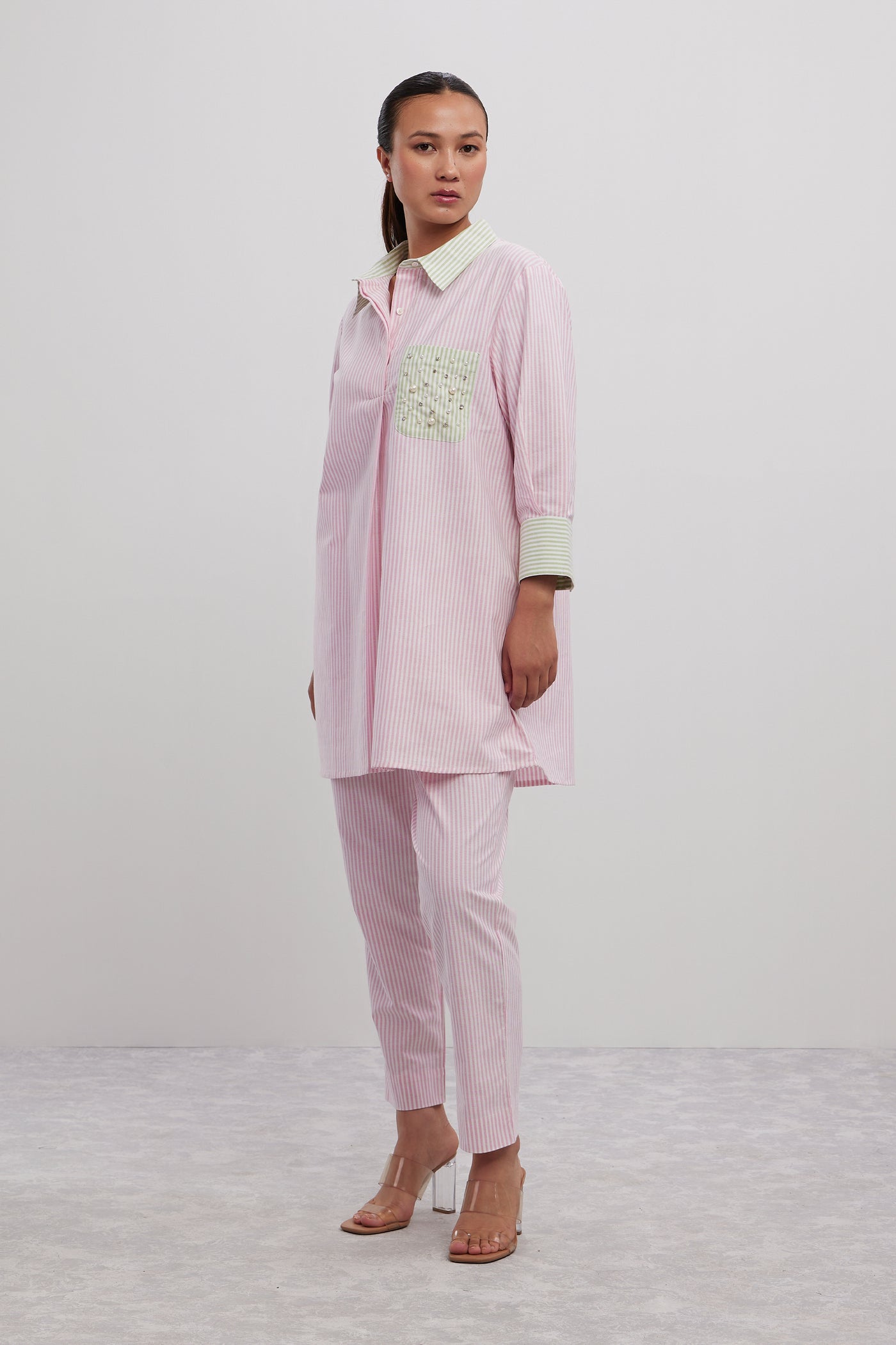 Pallavi Swadi Stripe Pearl Swarovski Pocket Shirt indian designer wear online shopping melange singapore