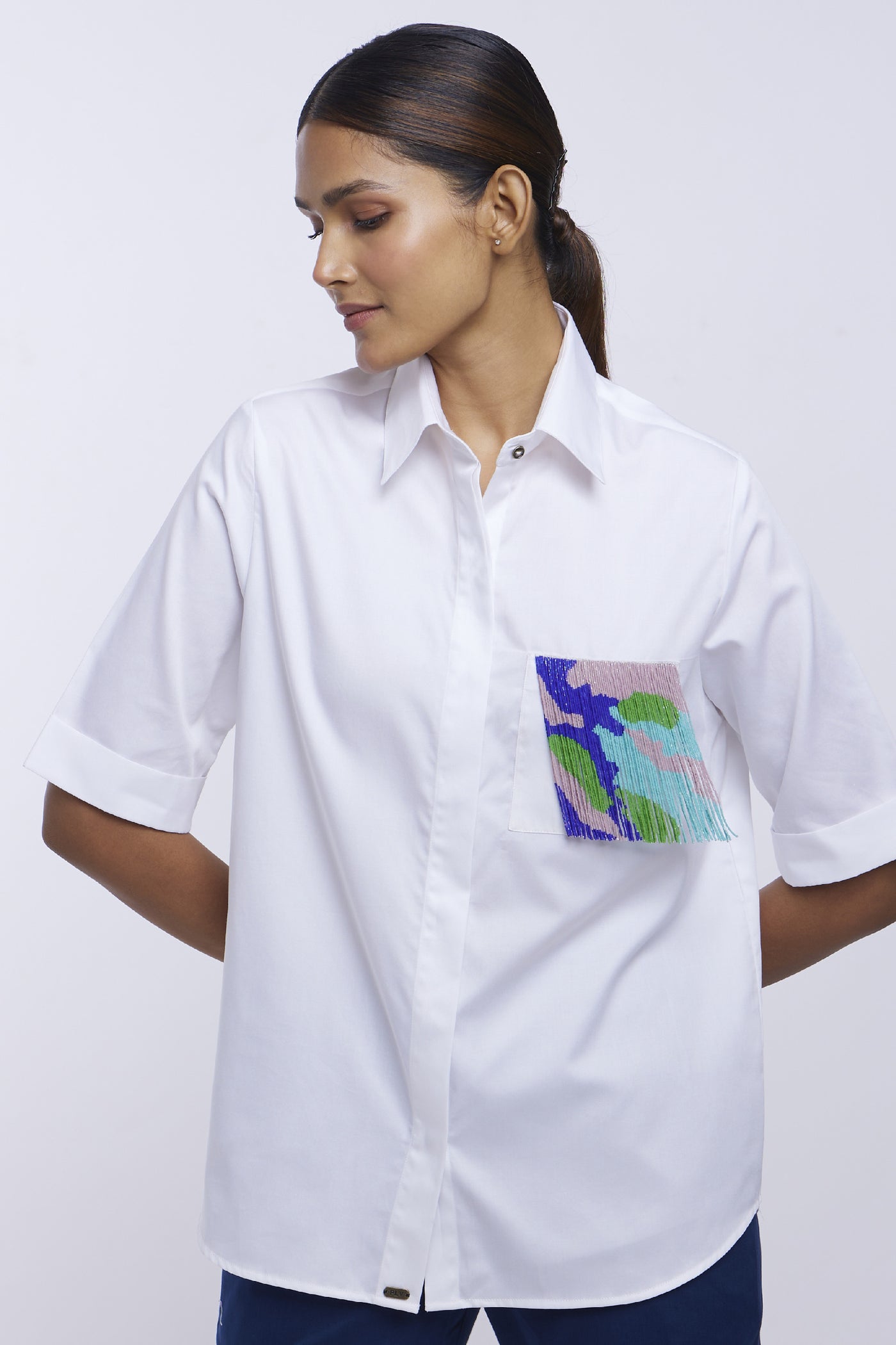 Pallavi Swadi White Fringe Pocket Shirt indian designer online shopping melange singapore
