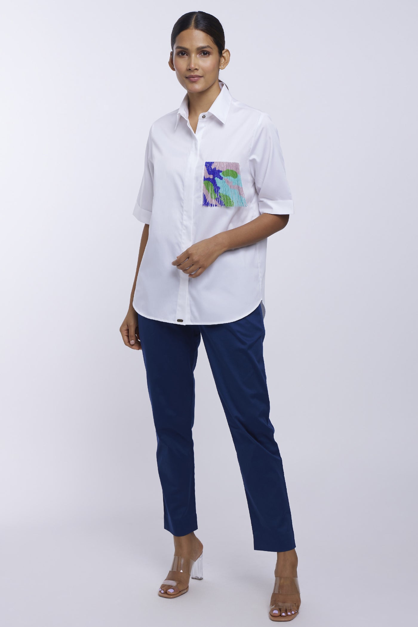 Pallavi Swadi White Fringe Pocket Shirt indian designer online shopping melange singapore