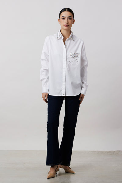 Pallavi Swadi White Multicolour Swarovski Studs Full Sleeve Shirt indian designer wear online shopping melange singapore
