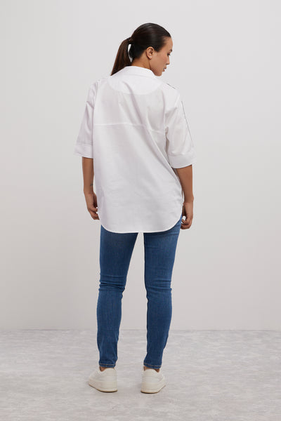 Pallavi Swadi White Navy Ribbon Shirt indian designer wear online shopping melange singapore

