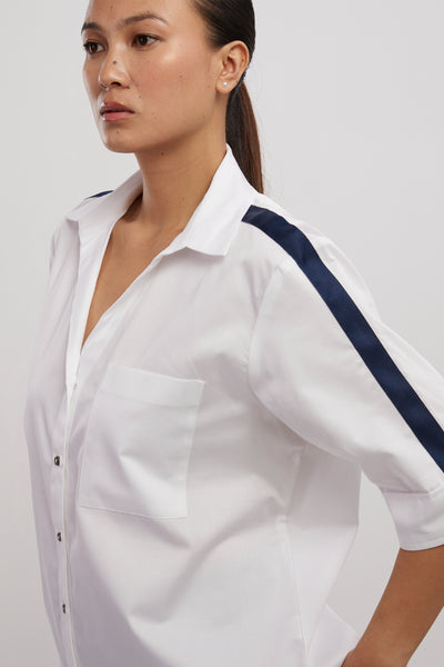 Pallavi Swadi White Navy Ribbon Shirt indian designer wear online shopping melange singapore
